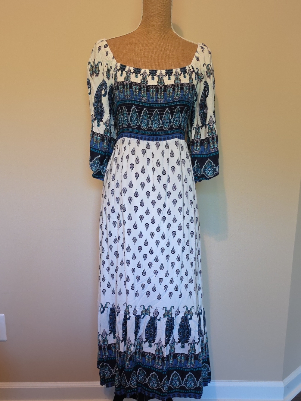 Bohemian White Maxi Dress with Blue Print